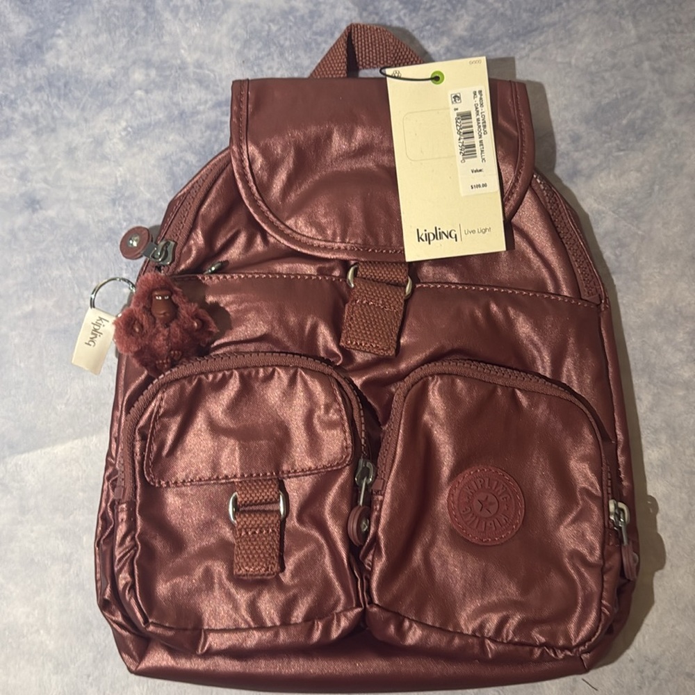 Kipling  Lovebug Travel Small backpack dark maroon metallic NWT